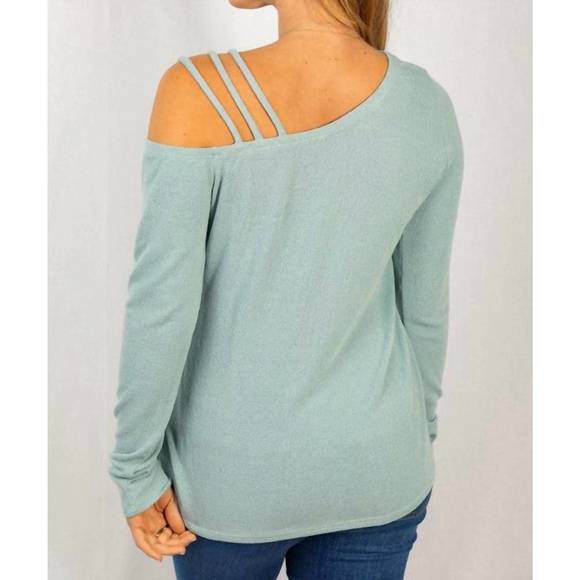 NEW WHITE BIRCH boat neck strappy shoulder top in sage - Picture 2 of 3